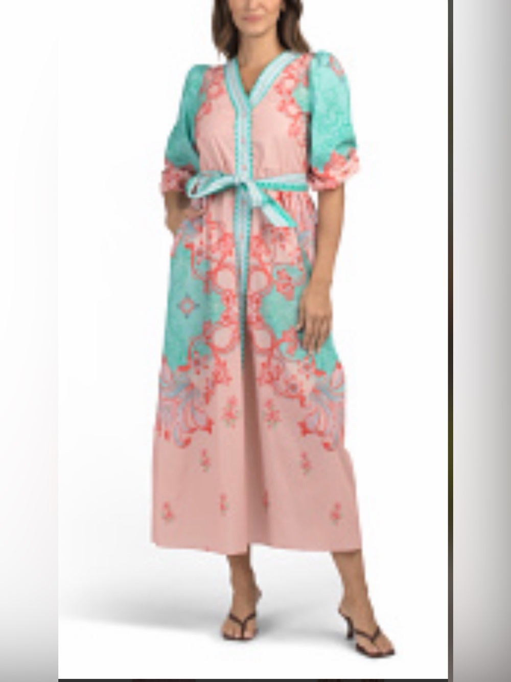 CELINA MOON PRINTED DESING COLOR BLOCK DETAIL LONG SLEEVE MAXI DRESS WITH BELT